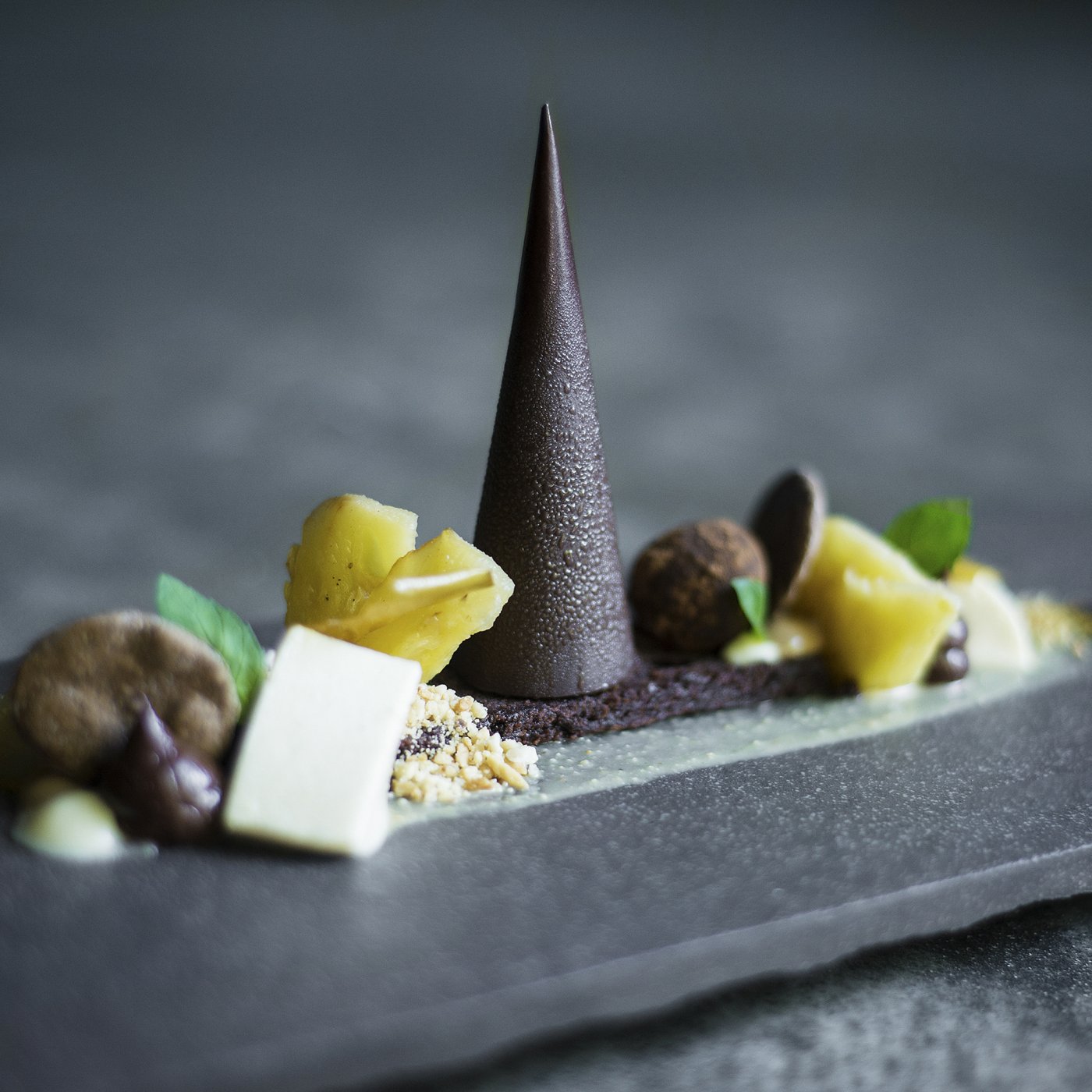 High-end beautifully prepared chocolate pyramid with lemon sorbet, mint and chocolate truffle served on a decorative slab of marble