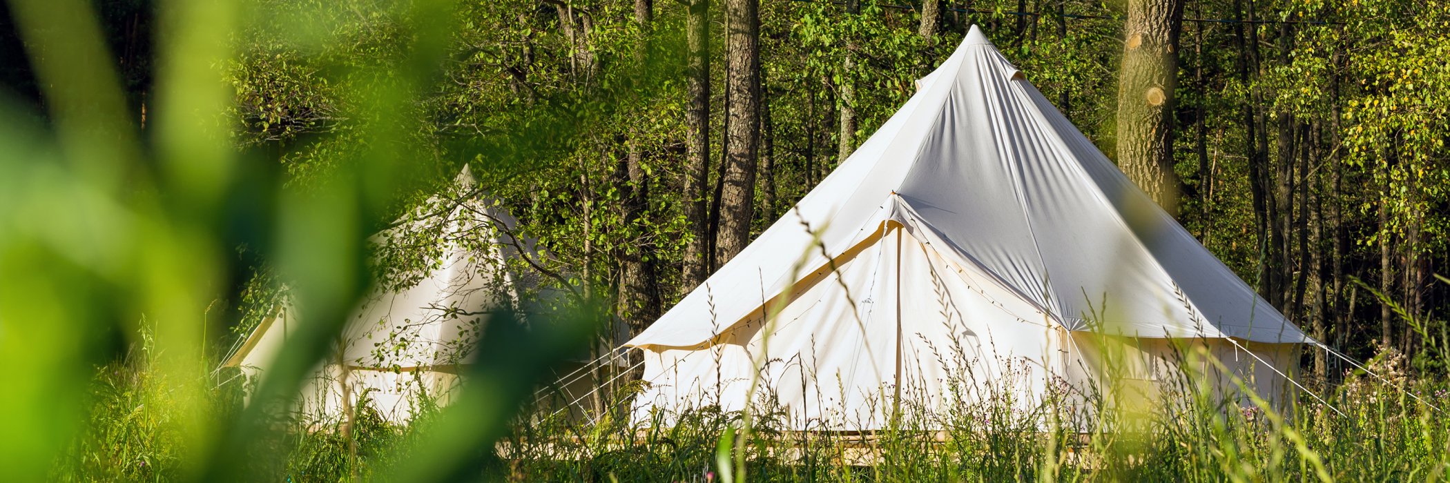 A luxury tent set back in a beautiful rural setting of green grass, trees and foliage